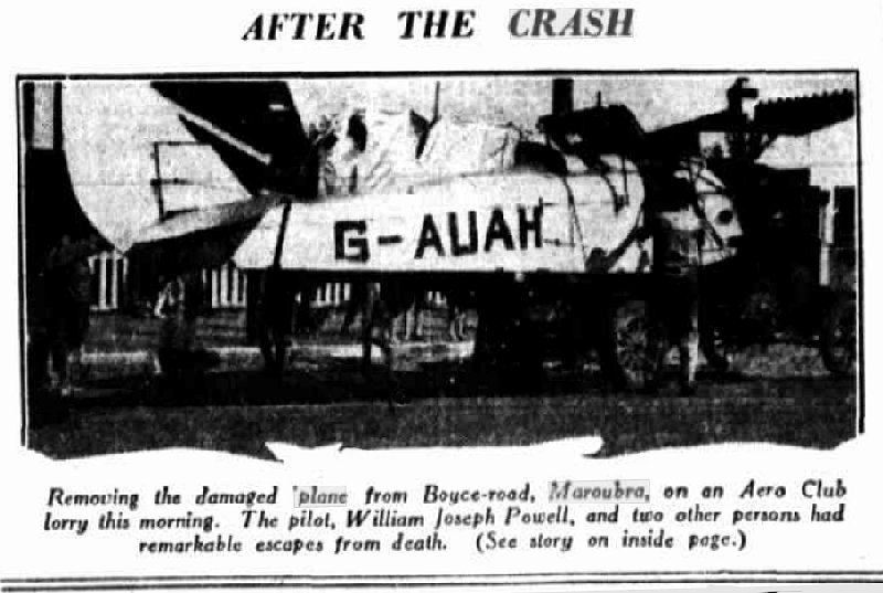Damaged Gypsy Moth loaded onto lorry - newspaper report from Sydney Sun