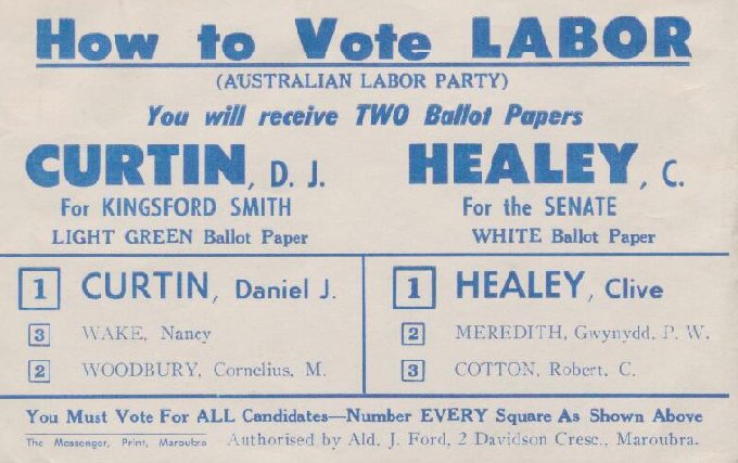 Dan Curtin's 1966 federal election How-to-Vote card