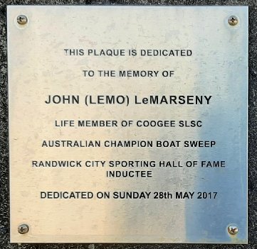 Plaque attached to Coogee Surf Lifesaving boathouse<br>
commemorating John (